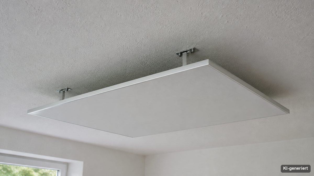 Nahaufnahme eines weissen Infrarot-Heizpaneels mit Deckenhalterung und Luftspalt zur Decke