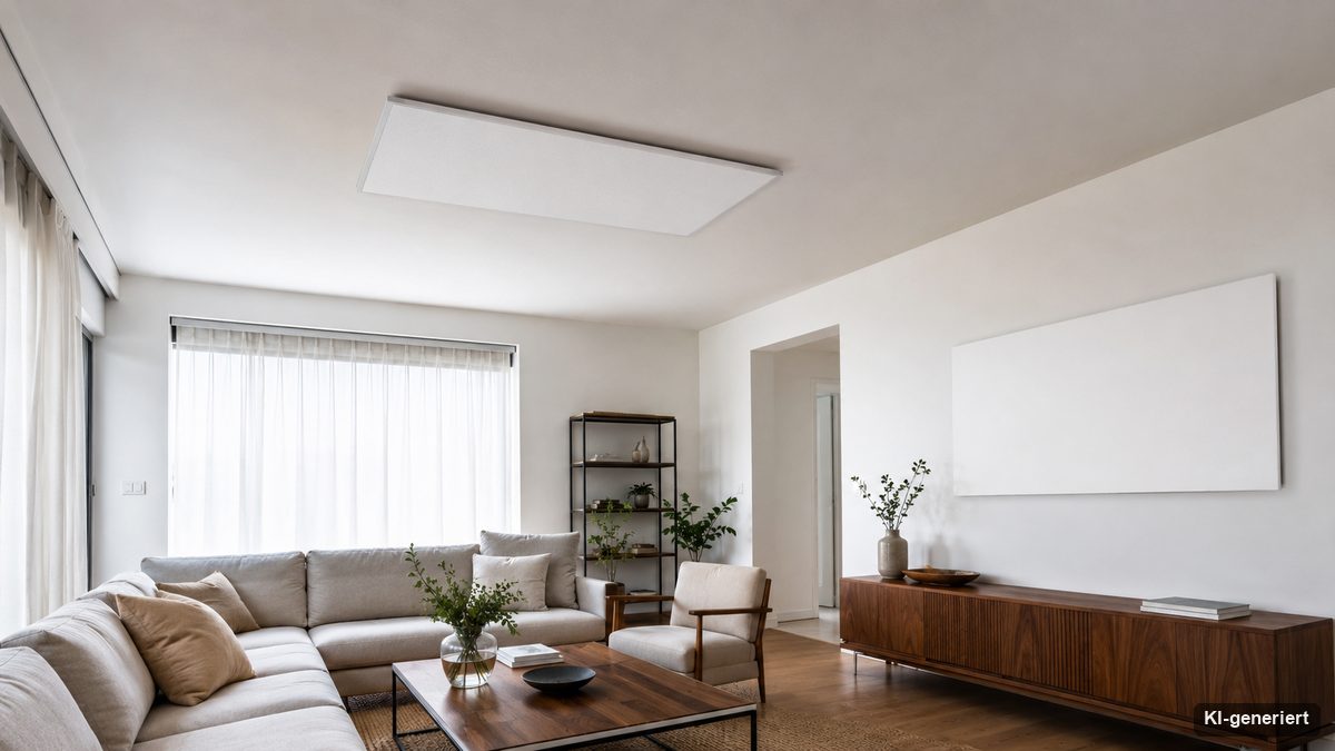 Wohnraum mit einem Infrarot-Heizpaneel an der Decke und einem zweiten an der Wand