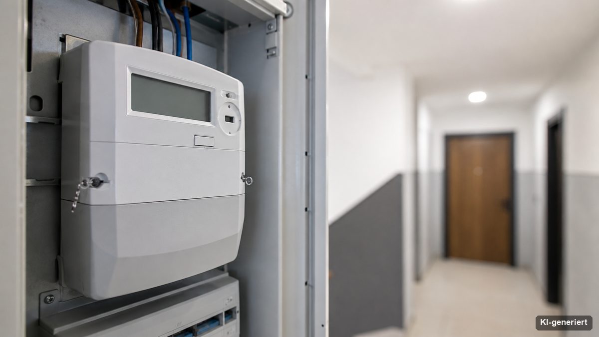 Digitaler Stromzähler, an dem sich der Verbrauch der Infrarotheizung ablesen lässt
