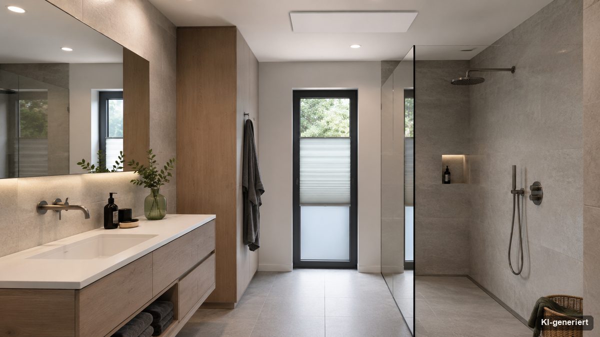 Modernes Badezimmer mit Infrarot-Heizpaneel an der Decke vor der Dusche
