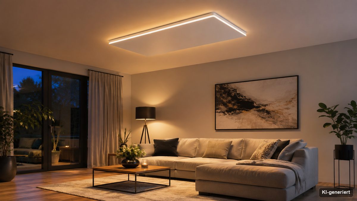 Infrarot-Deckenpaneel mit umlaufender LED-Beleuchtung in einem Wohnzimmer