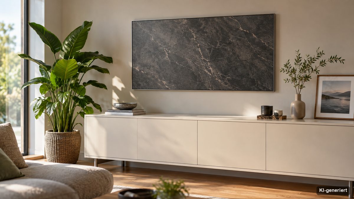 Infrarotheizung in Steinoptik an einer Wohnzimmerwand
