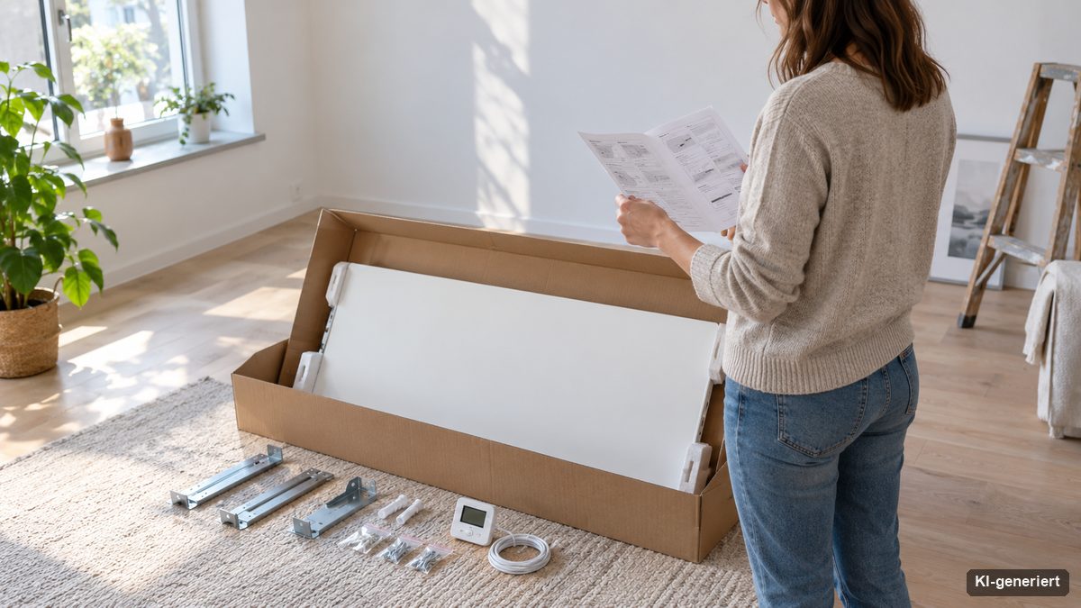 Person prüft die technischen Daten eines Infrarot-Deckenpaneels vor dem Kauf
