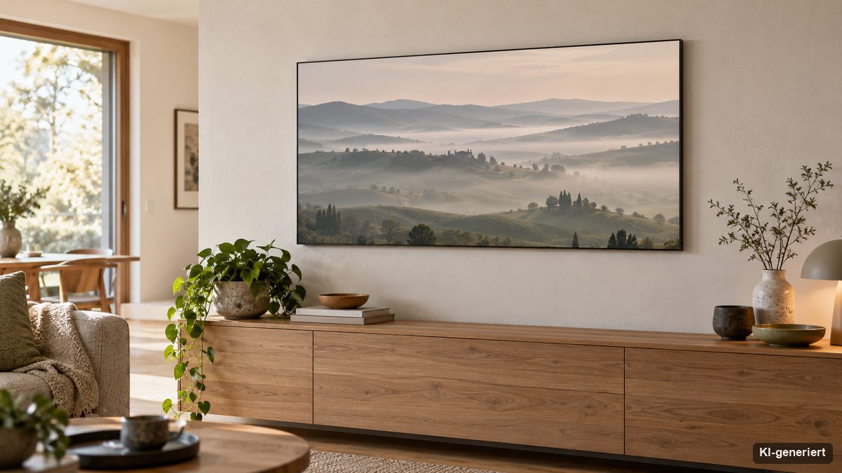 Infrarot-Bildheizung mit Landschaftsmotiv an einer Wohnzimmerwand