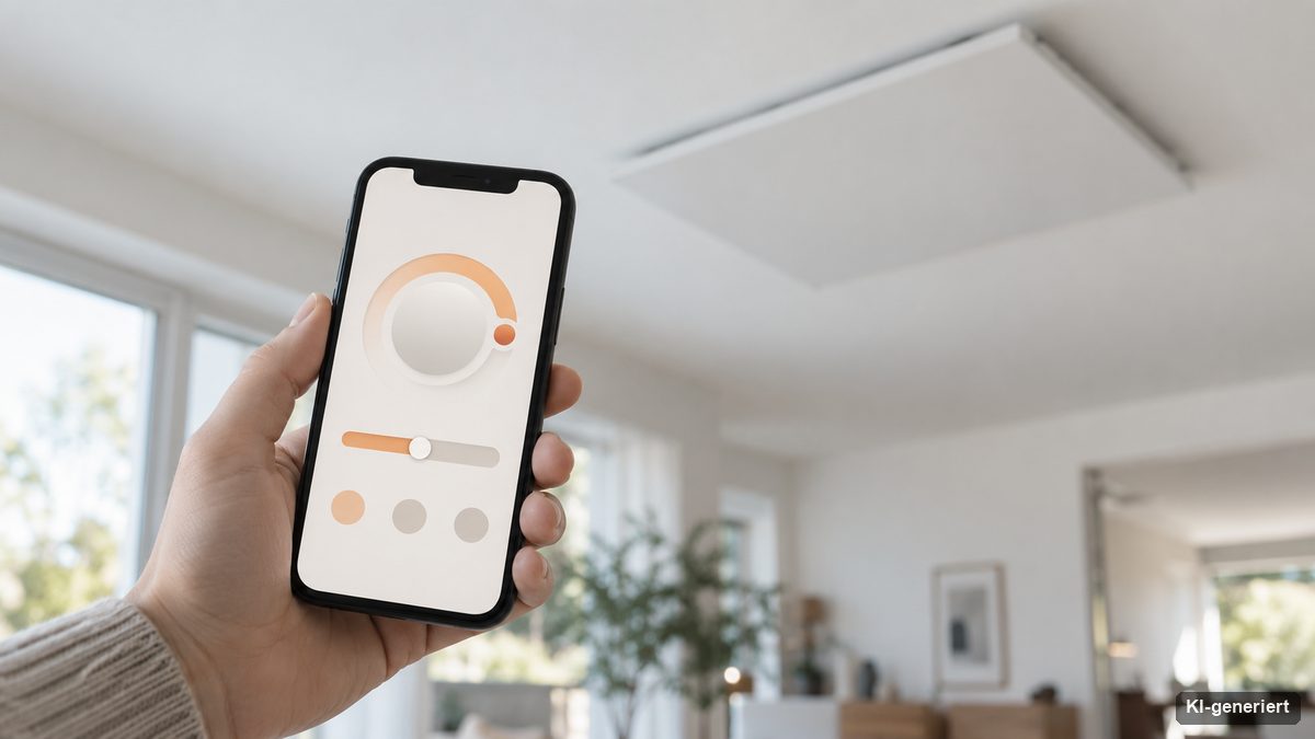 Smartphone mit Heizungs-App vor einem Infrarot-Deckenpaneel