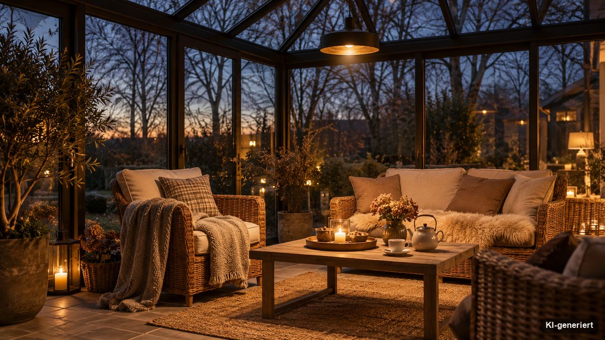 Beheizter Wintergarten mit Deckenstrahler über der Sitzgruppe