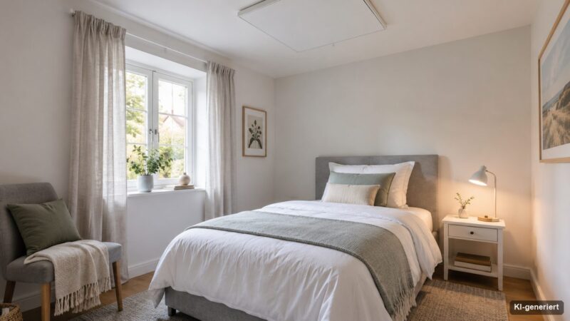 Gaestezimmer mit frisch bezogenem Bett und Infrarot-Deckenpaneel
