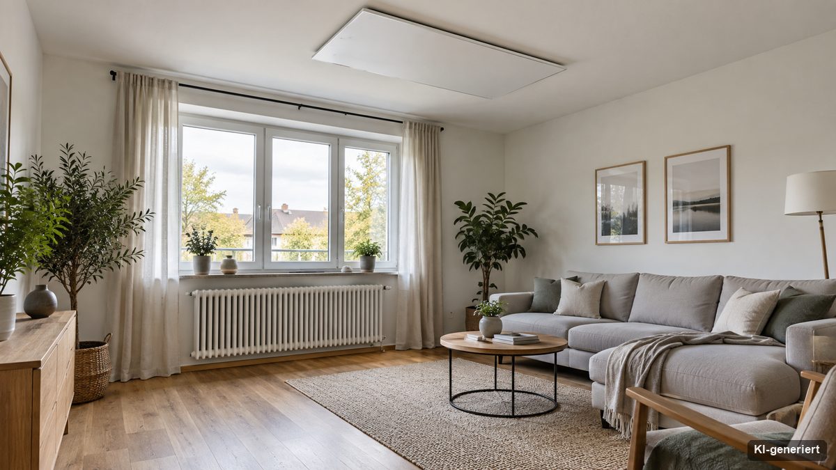 Küchentisch mit Taschenrechner, Notizblock und Stift am Fenster