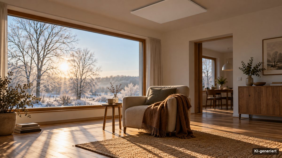 Infrarot-Deckenpaneel mit sichtbarem Abstand zur Decke, schräg von unten