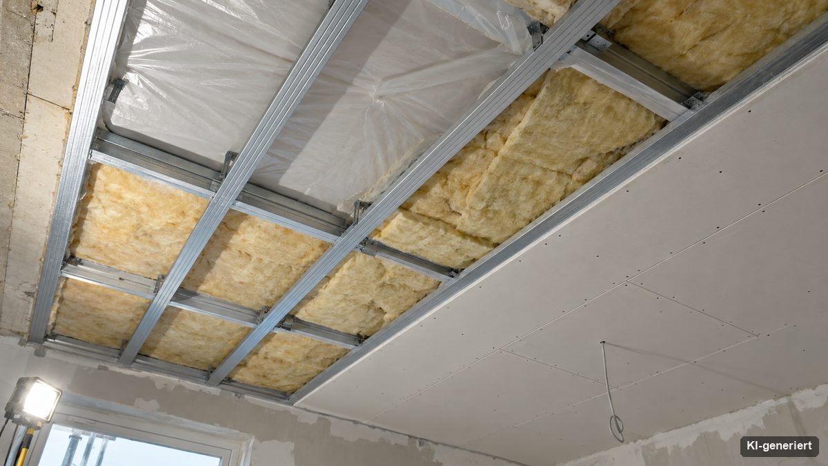 Blick in einen offenen Deckenaufbau mit Dämmung und Trockenbauprofilen