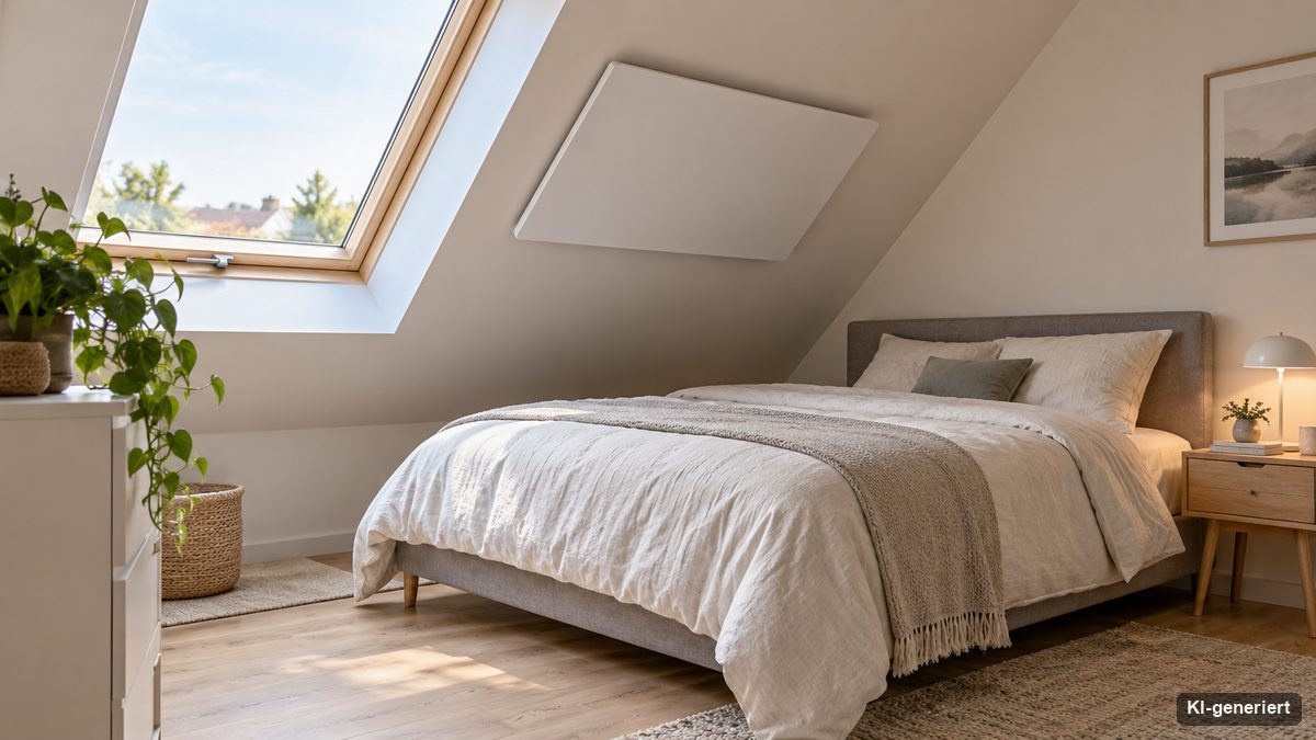 Ausgebautes Dachgeschoss mit Schräge und flachem weißem Heizpaneel