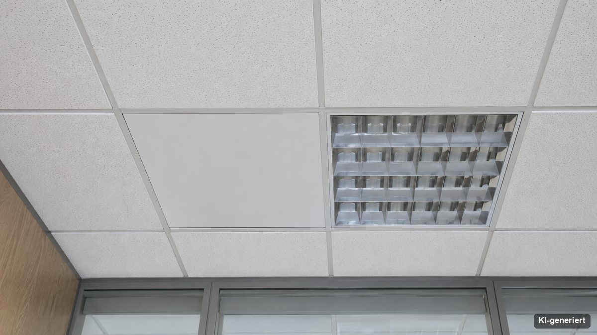 Büro-Systemdecke im Rastermaß mit eingelegten Platten und Rasterleuchte