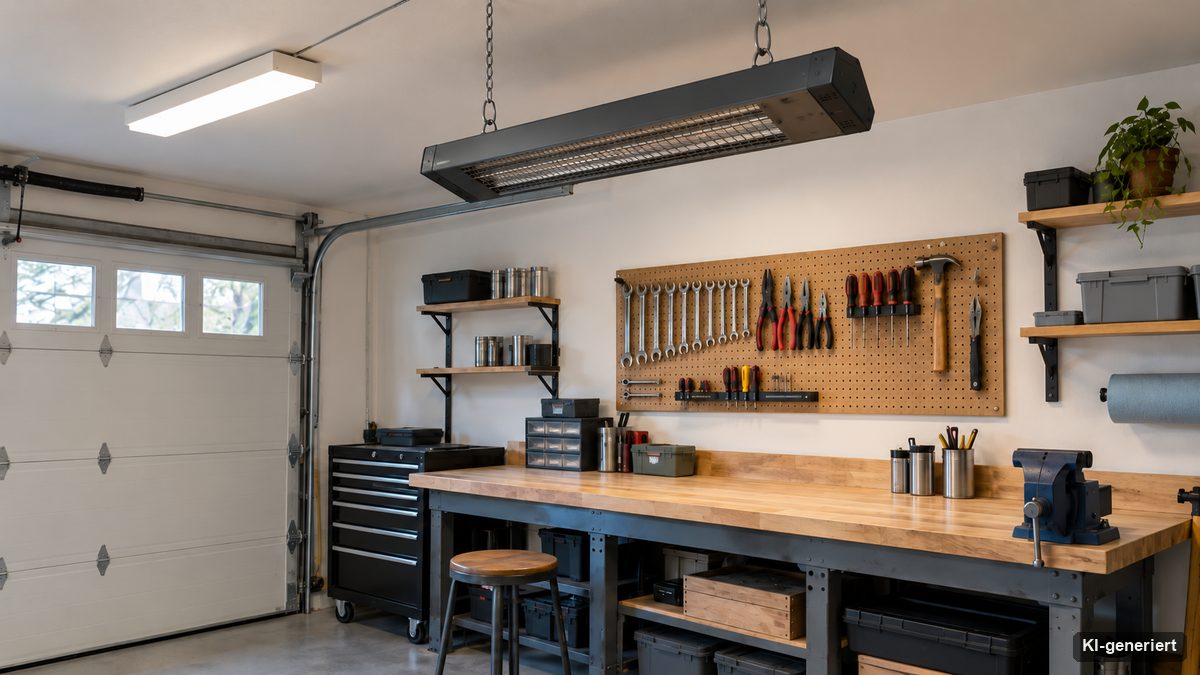 Garage mit Werkzeugwand und Deckenstrahler über dem Arbeitsbereich