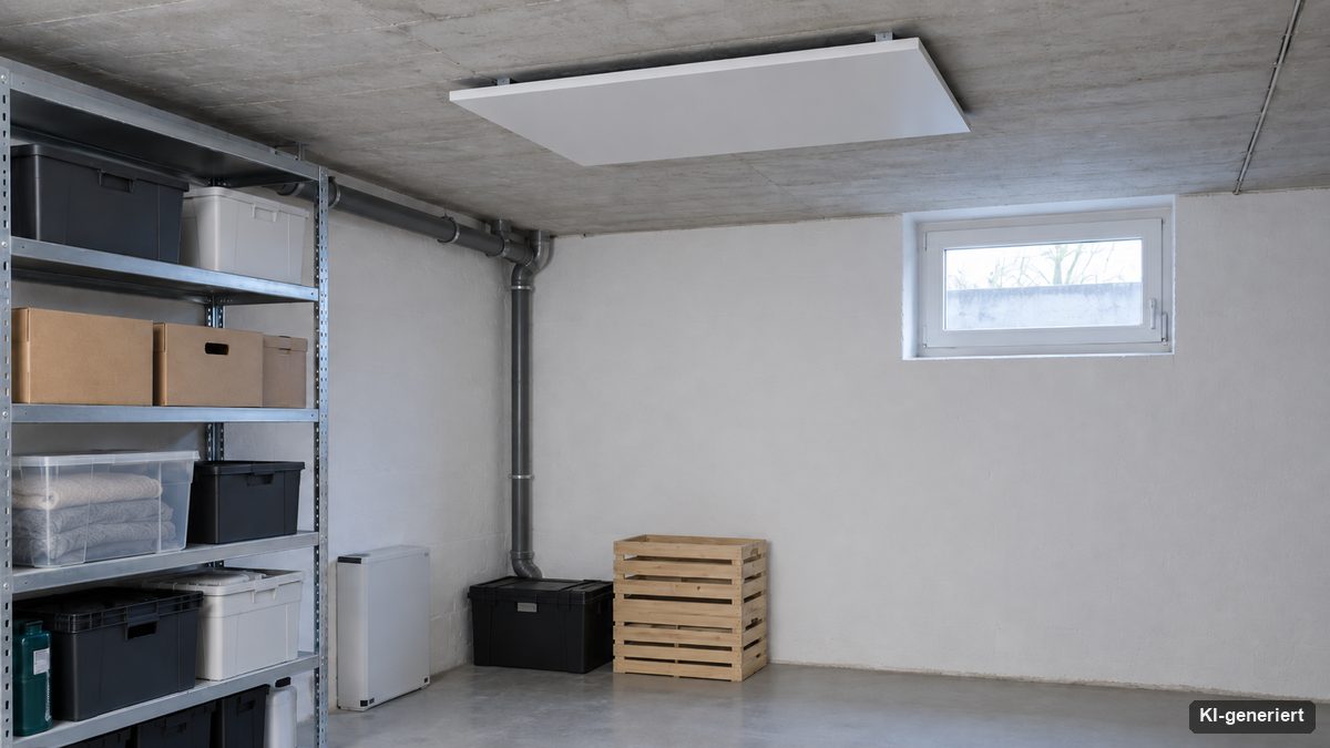 Aufgeräumter Kellerraum mit Regal und flachem Heizpaneel an der Decke