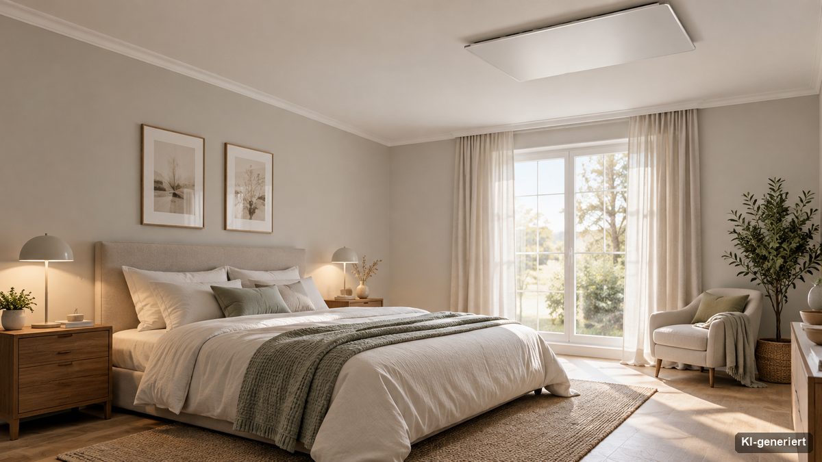Ruhiges Schlafzimmer mit Bett und Deckenpaneel über dem freien Bereich