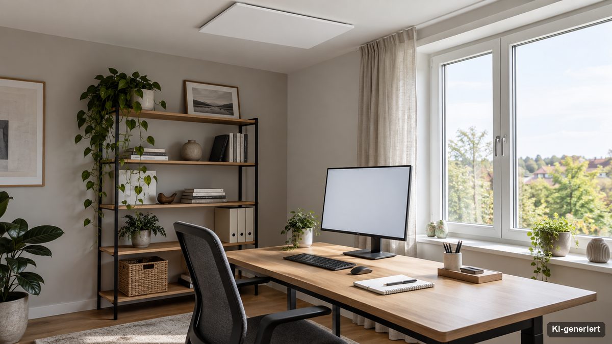 Homeoffice mit Schreibtisch am Fenster und flachem Deckenpaneel