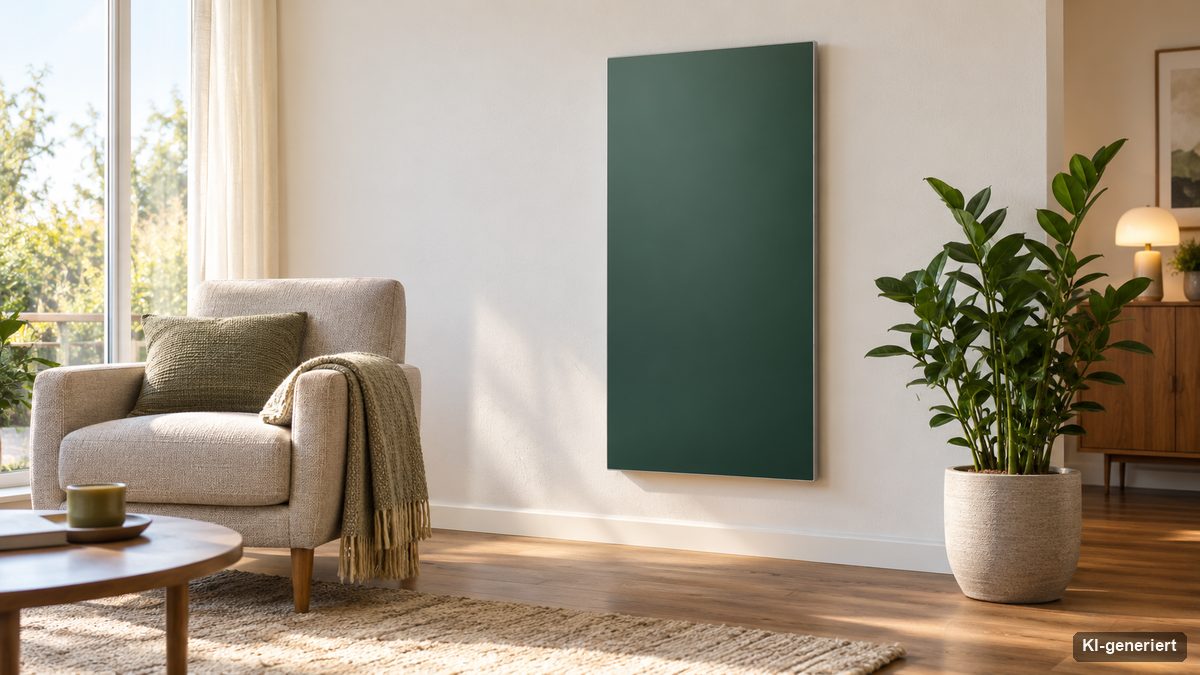 Glas-Infrarotheizung in dunklem Farbton an einer hellen Wohnzimmerwand