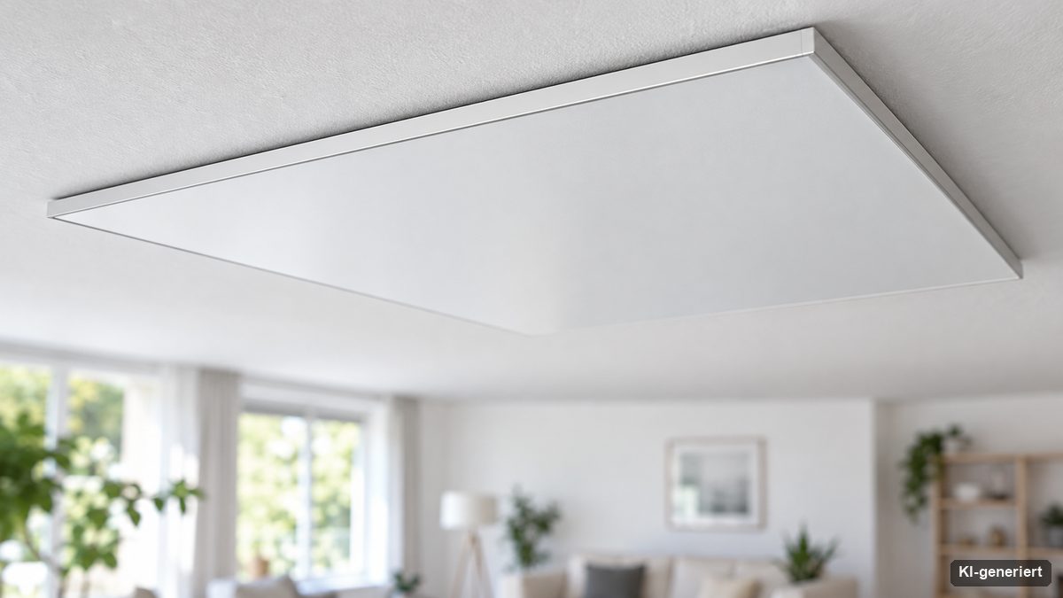 Weißes Aluminium-Heizpaneel mit schmalem Rahmen, schräg von unten