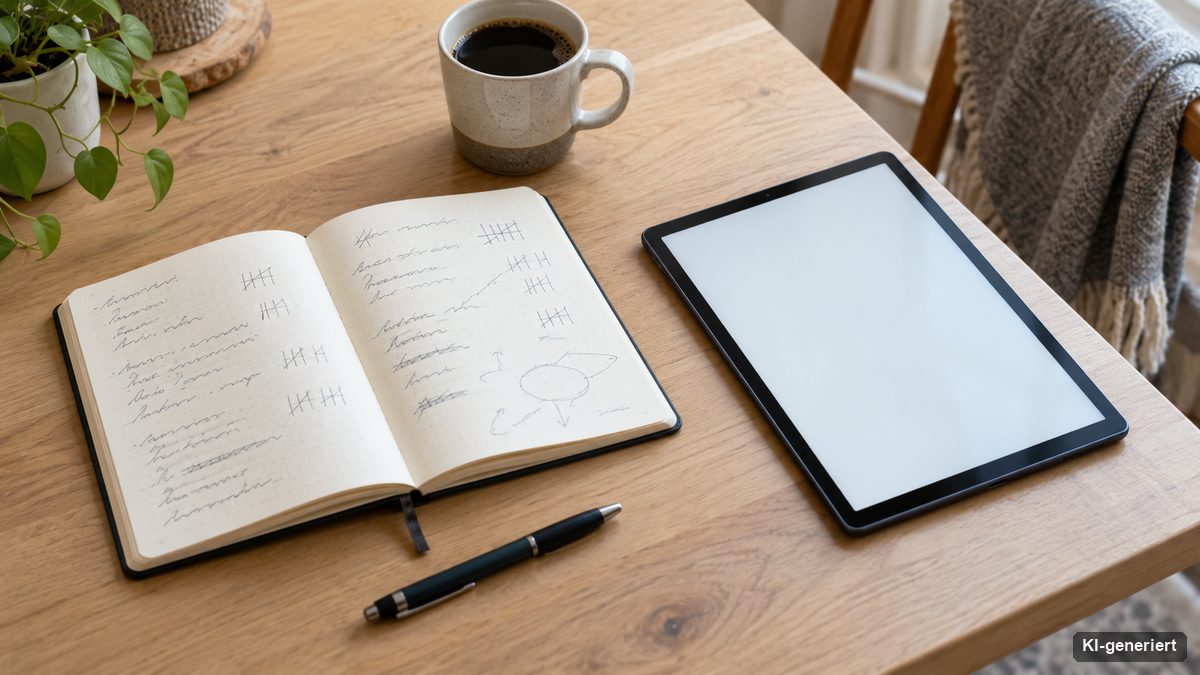 Aufgeschlagenes Notizbuch mit handschriftlichen Notizen neben einem Tablet